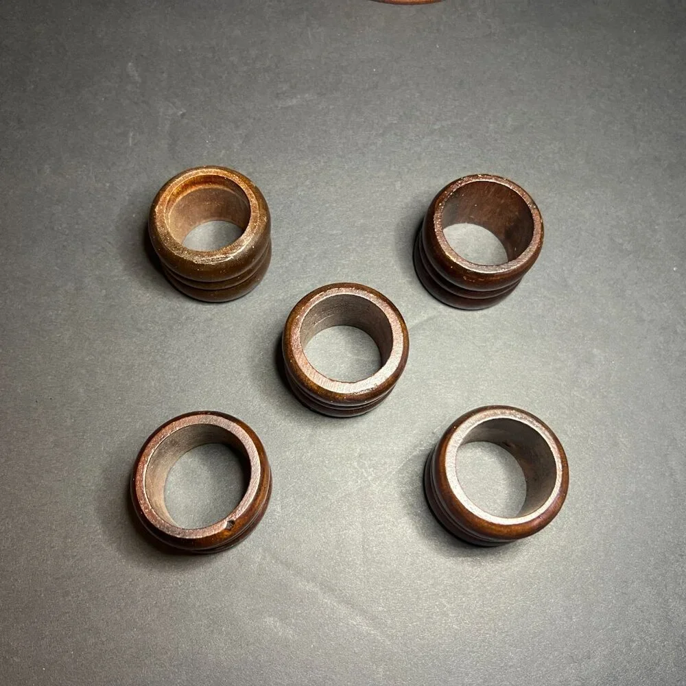 Vintage Retro Price Import Set of 5 Wooden Napkin Holder Rings & Stand 9.75" - Picture 4 of 8